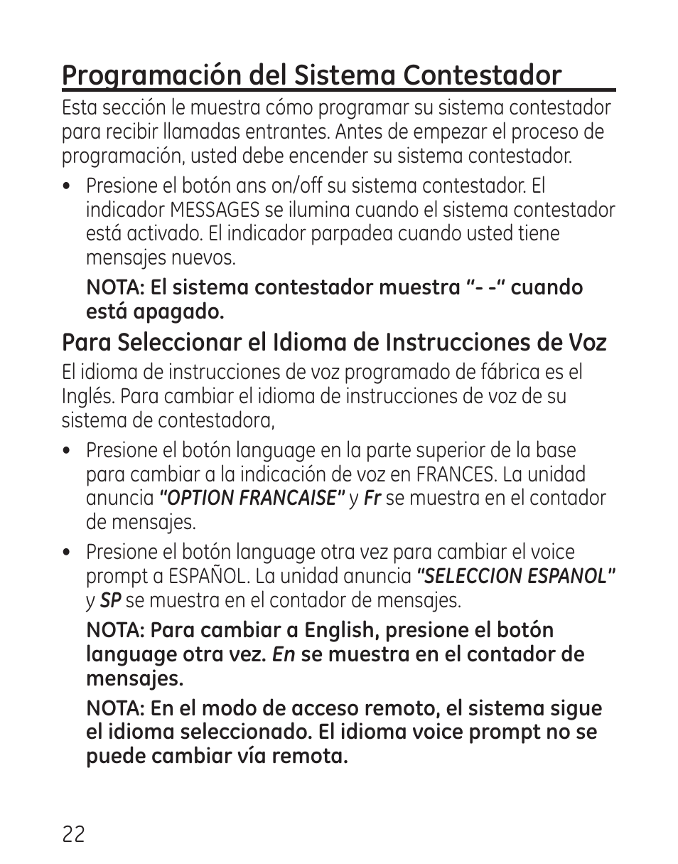 Programación del sistema contestador, Para seleccionar el idioma de instrucciones de voz | GE 29115 Series User Manual | Page 120 / 196