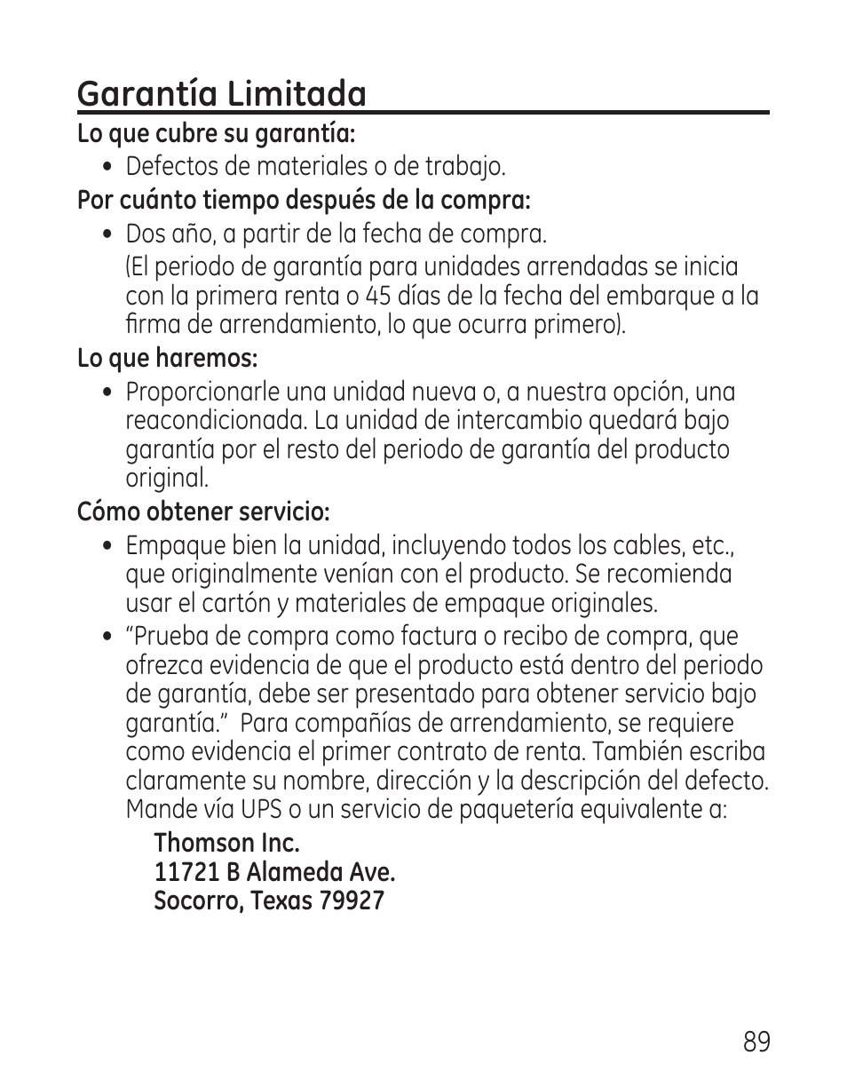 Garantía limitada | GE 29115 Series User Manual | Page 187 / 196
