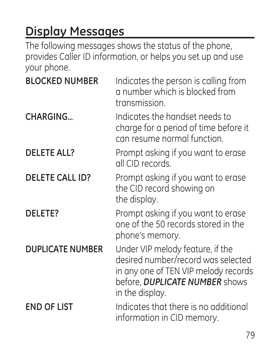 Display messages | GE 29115 Series User Manual | Page 79 / 196