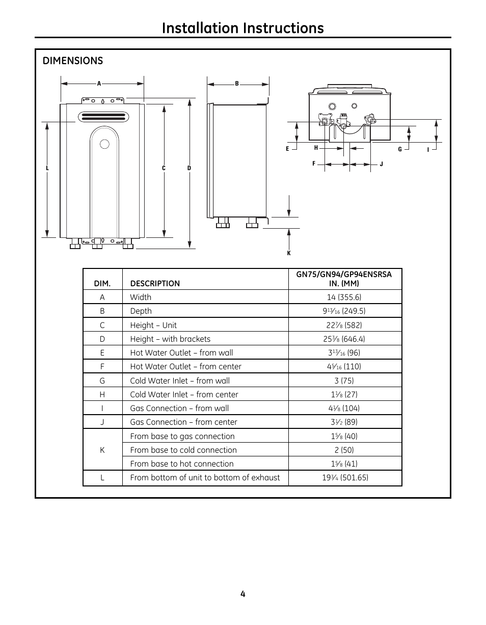 Dimensions, Installation instructions | GE GN75ENSRSA User Manual | Page 4 / 24