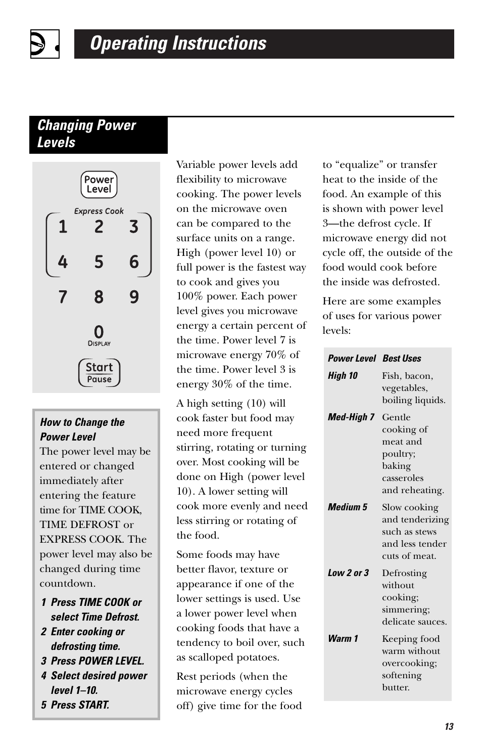 Operating instructions, Changing power levels | GE HVM1540 User Manual | Page 13 / 40