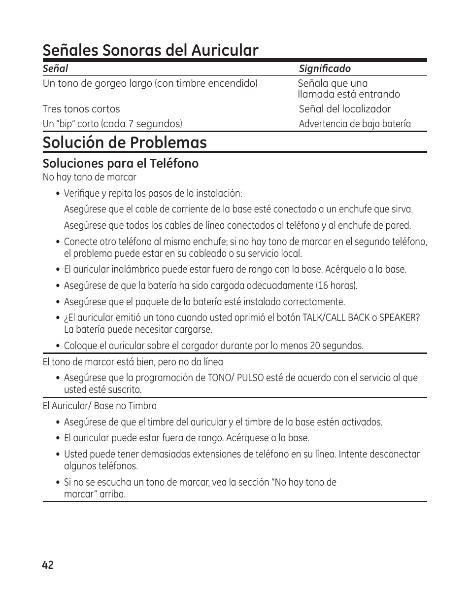 Señales sonoras del auricular, Solución de problemas, Soluciones para el teléfono | GE 25982 User Manual | Page 92 / 100