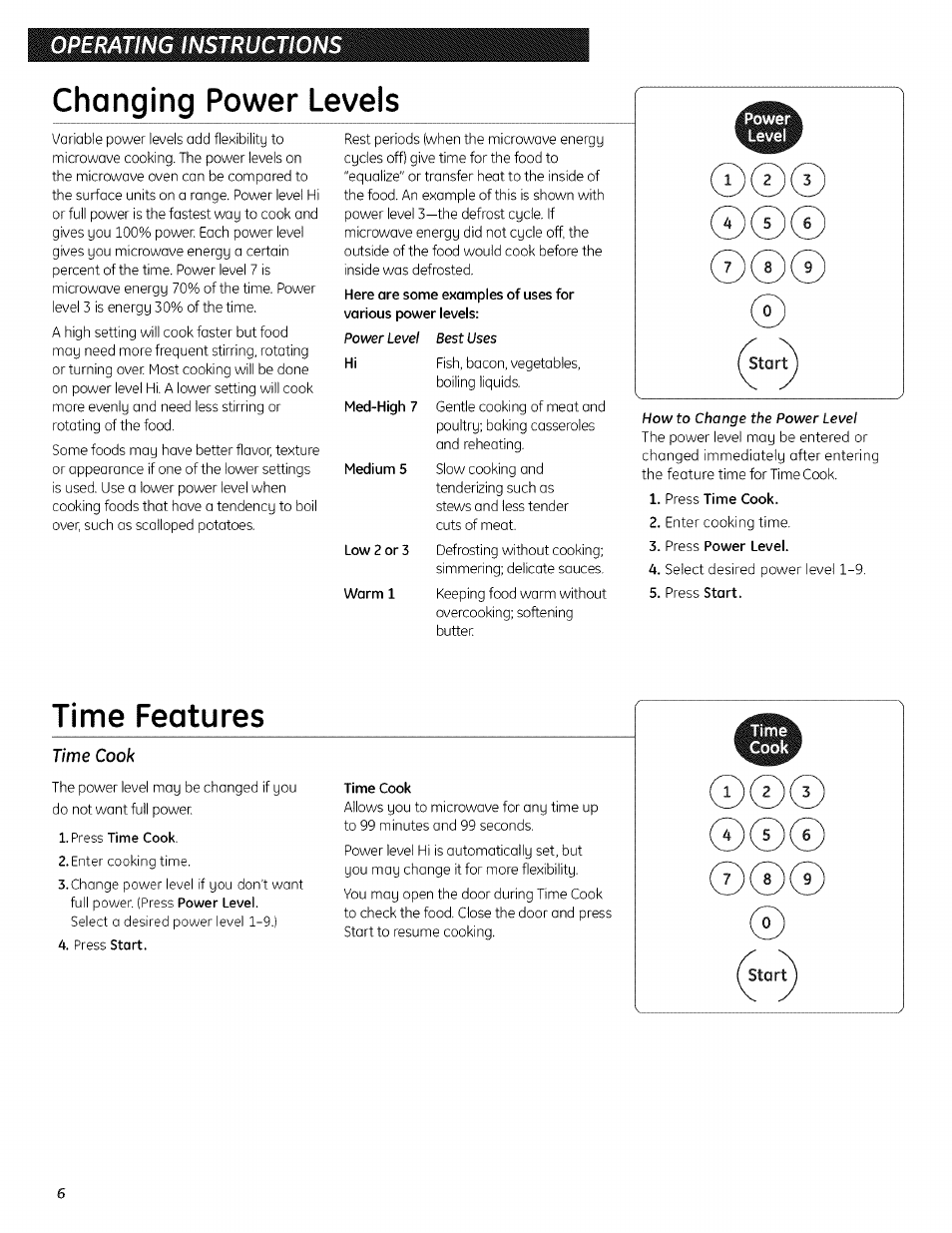 Power level best uses, How to change the power level, Time cook | Changing power levels, Time features, Operating instructions | GE 700 WATTS JESO734PIVLRR User Manual | Page 6 / 42
