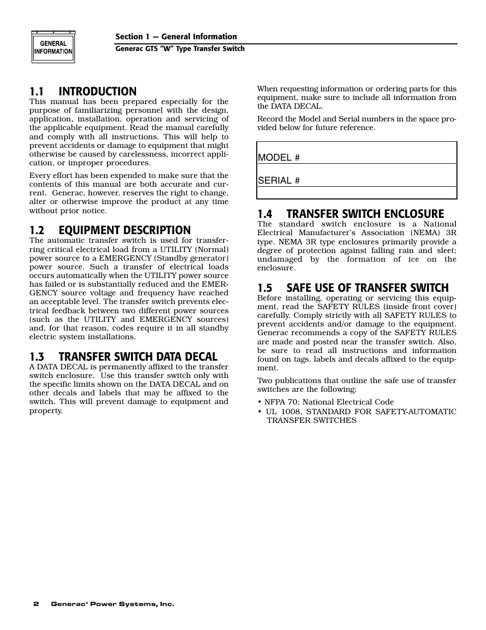 1 introduction, 2 equipment description, 3 transfer switch data decal | 4 transfer switch enclosure, 5 safe use of transfer switch | Generac Power Systems 004635-1 User Manual | Page 4 / 20