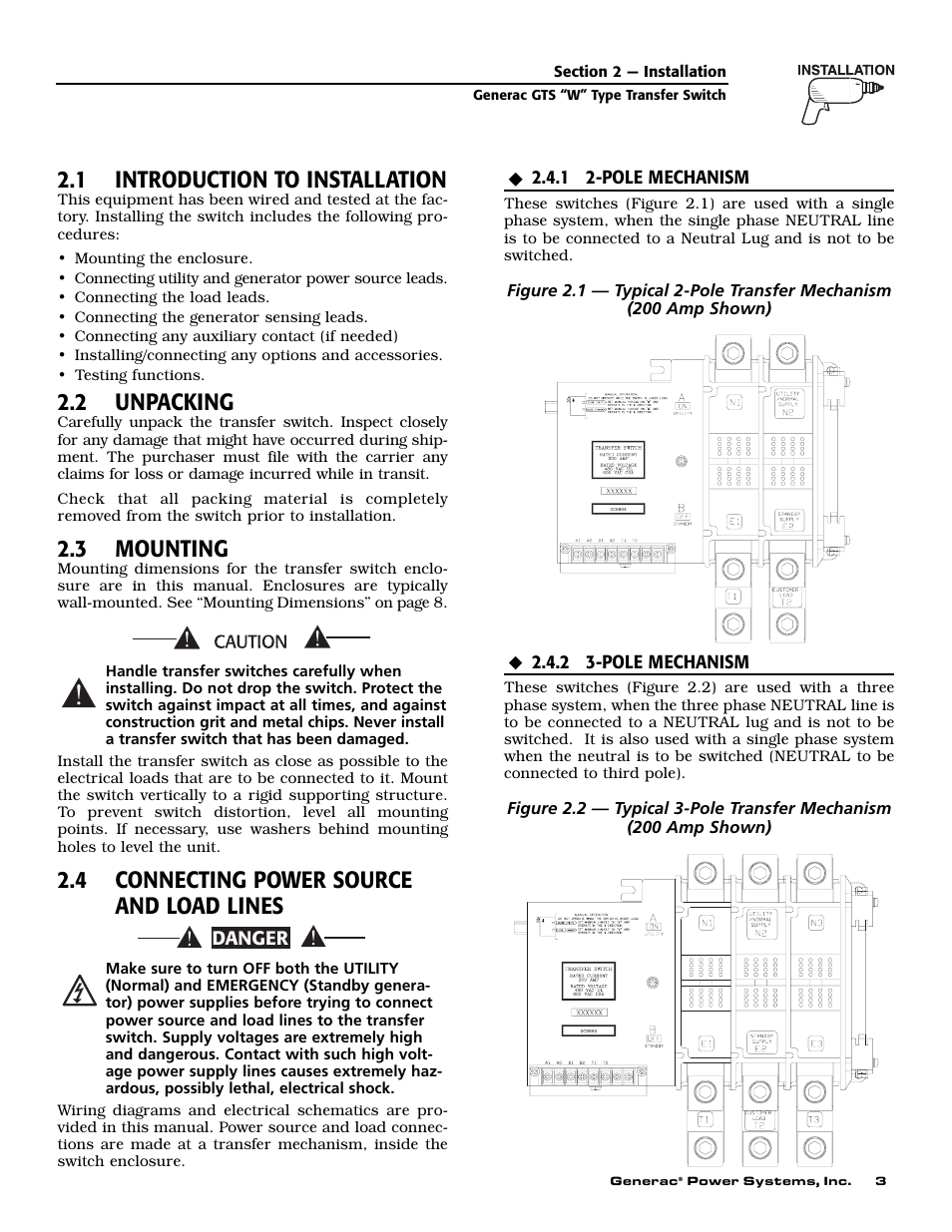 1 introduction to installation, 2 unpacking, 3 mounting | 4 connecting power source and load lines | Generac Power Systems 004635-1 User Manual | Page 5 / 20