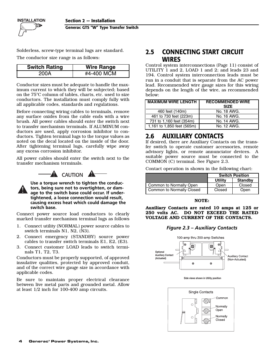 5 connecting start circuit wires, 6 auxiliary contacts | Generac Power Systems 004635-1 User Manual | Page 6 / 20
