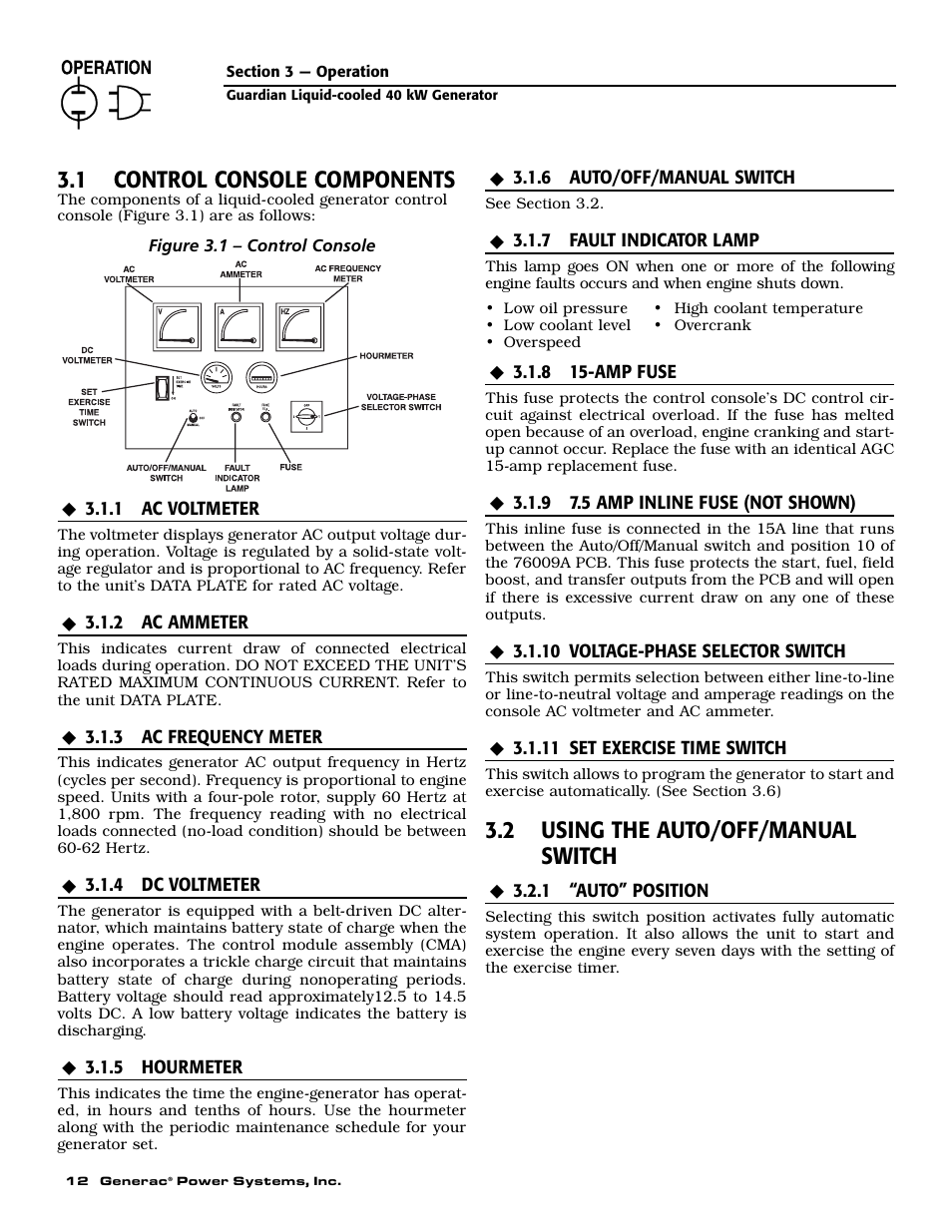 1 control console components, 2 using the auto/off/manual switch | Generac Power Systems GUARDIAN 43733 User Manual | Page 14 / 64