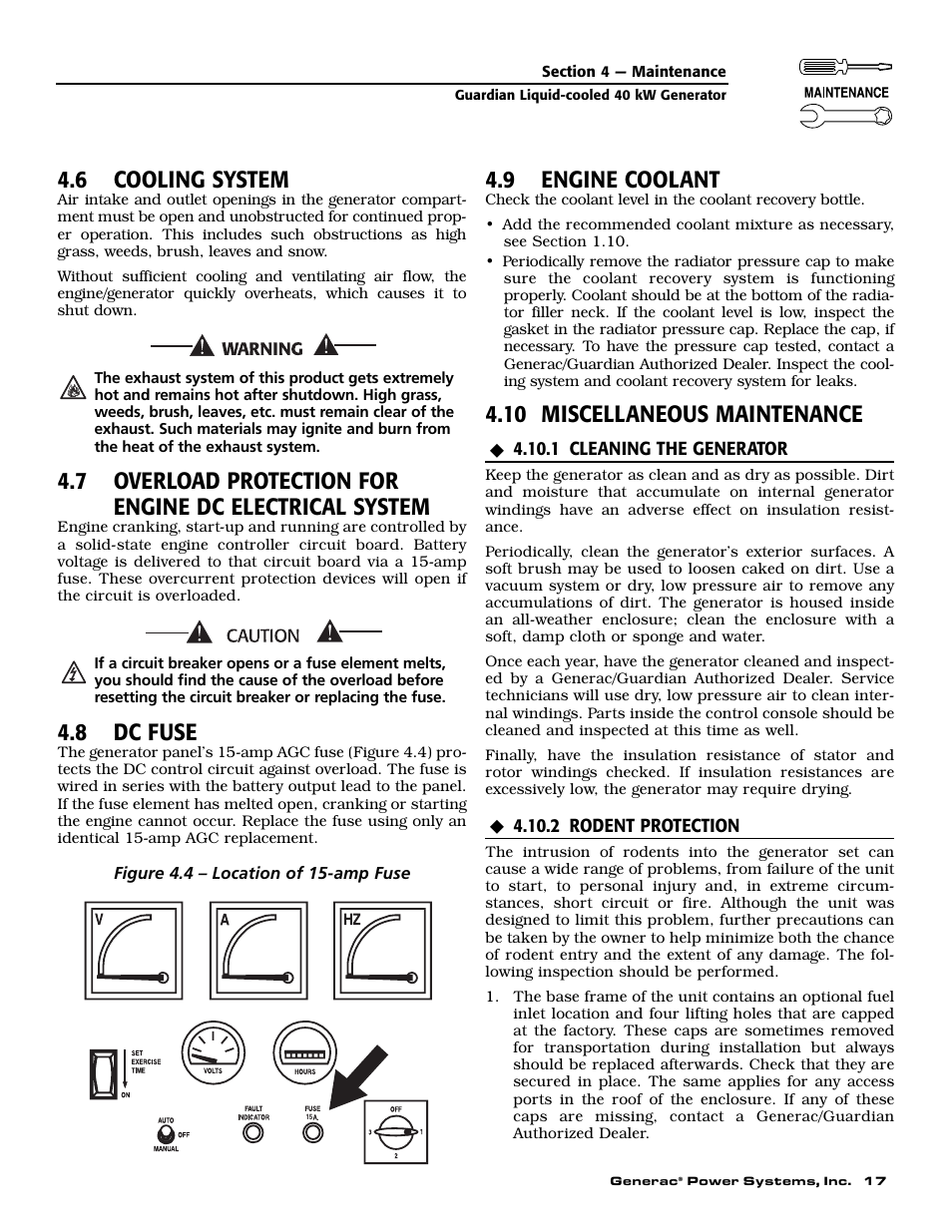 6 cooling system, 8 dc fuse, 9 engine coolant | 10 miscellaneous maintenance | Generac Power Systems GUARDIAN 43733 User Manual | Page 19 / 64