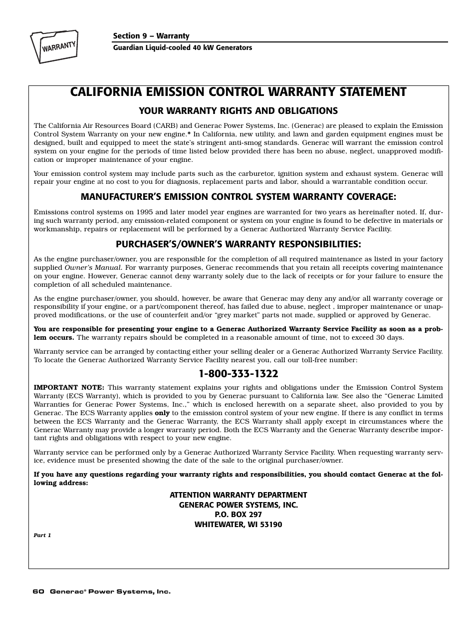 California emission control warranty statement | Generac Power Systems GUARDIAN 43733 User Manual | Page 62 / 64