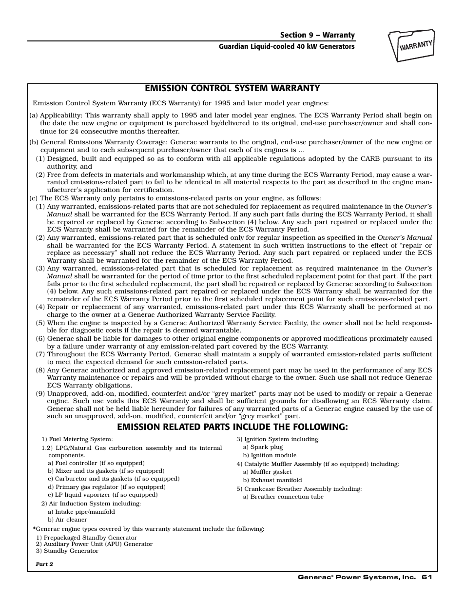 Emission control system warranty, Emission related parts include the following | Generac Power Systems GUARDIAN 43733 User Manual | Page 63 / 64