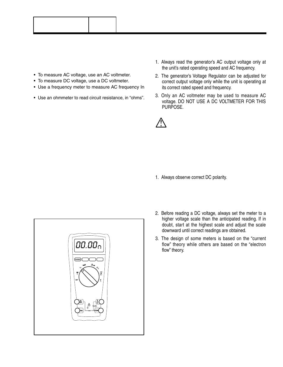 5 testing, cleaning and drying, Meters, The vom | Measuring ac voltage, Measuring dc voltage, Measuring ac frequency | Generac Power Systems 8 kW LP User Manual | Page 21 / 192