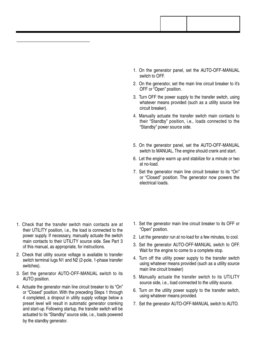 To select automatic operation, Manual transfer to “standby”and manual startup, Manual shutdown andretransfer back to “utility | Generac Power Systems 8 kW LP User Manual | Page 30 / 192