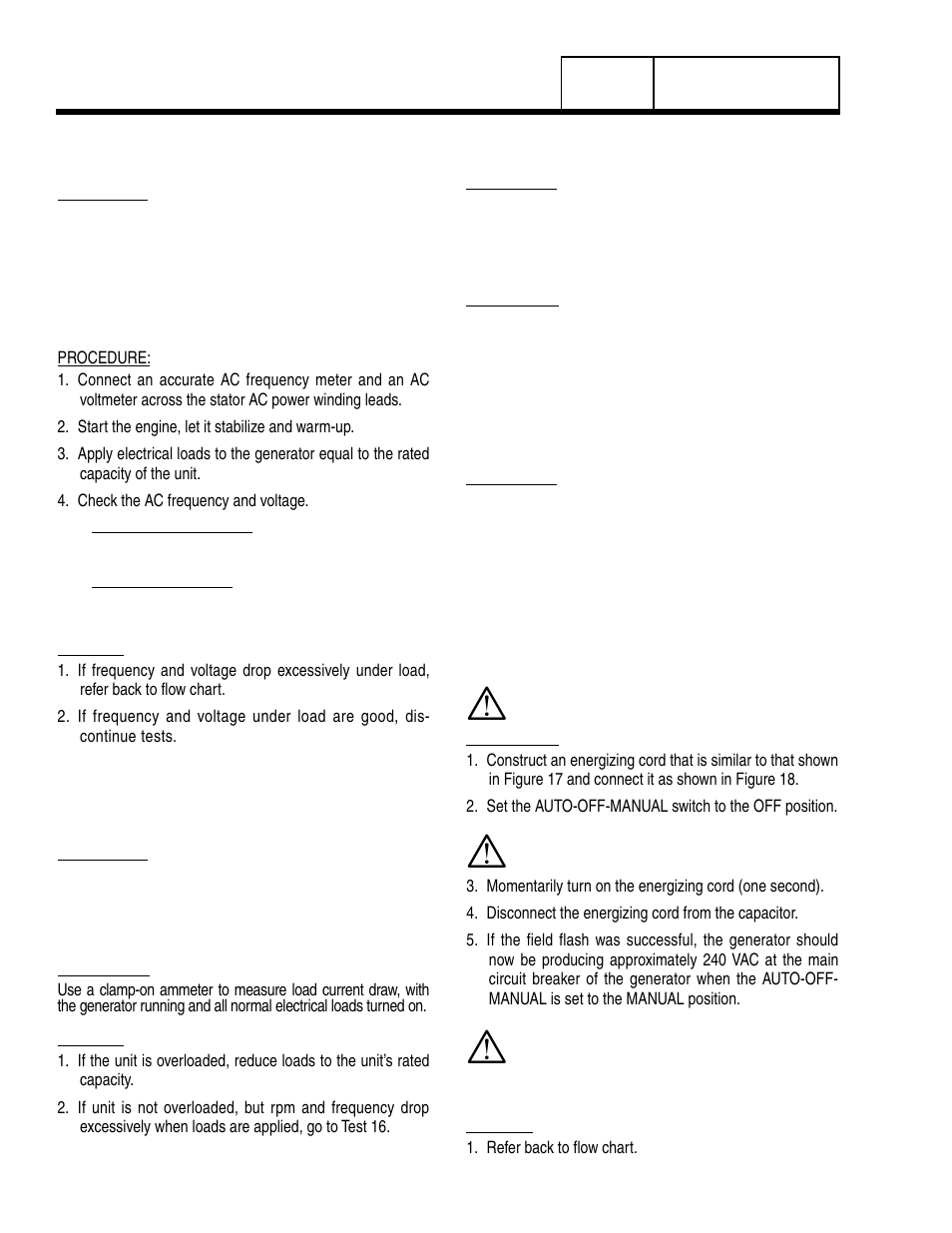 Test 18 – check voltage and frequencyunder load, Test 19 – check for overload condition, Test 20 – check engine condition | Test 21 – field flash alternator (8-10 kw) | Generac Power Systems 8 kW LP User Manual | Page 54 / 192