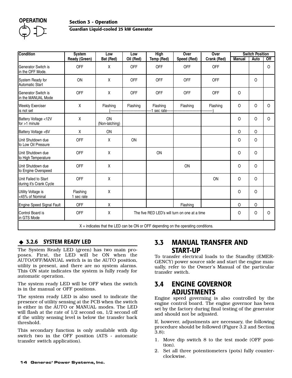 3 manual transfer and start-up, 4 engine governor adjustments, 6 system ready led | Generac Power Systems GUARDIAN ELITE 005040-0 User Manual | Page 16 / 56