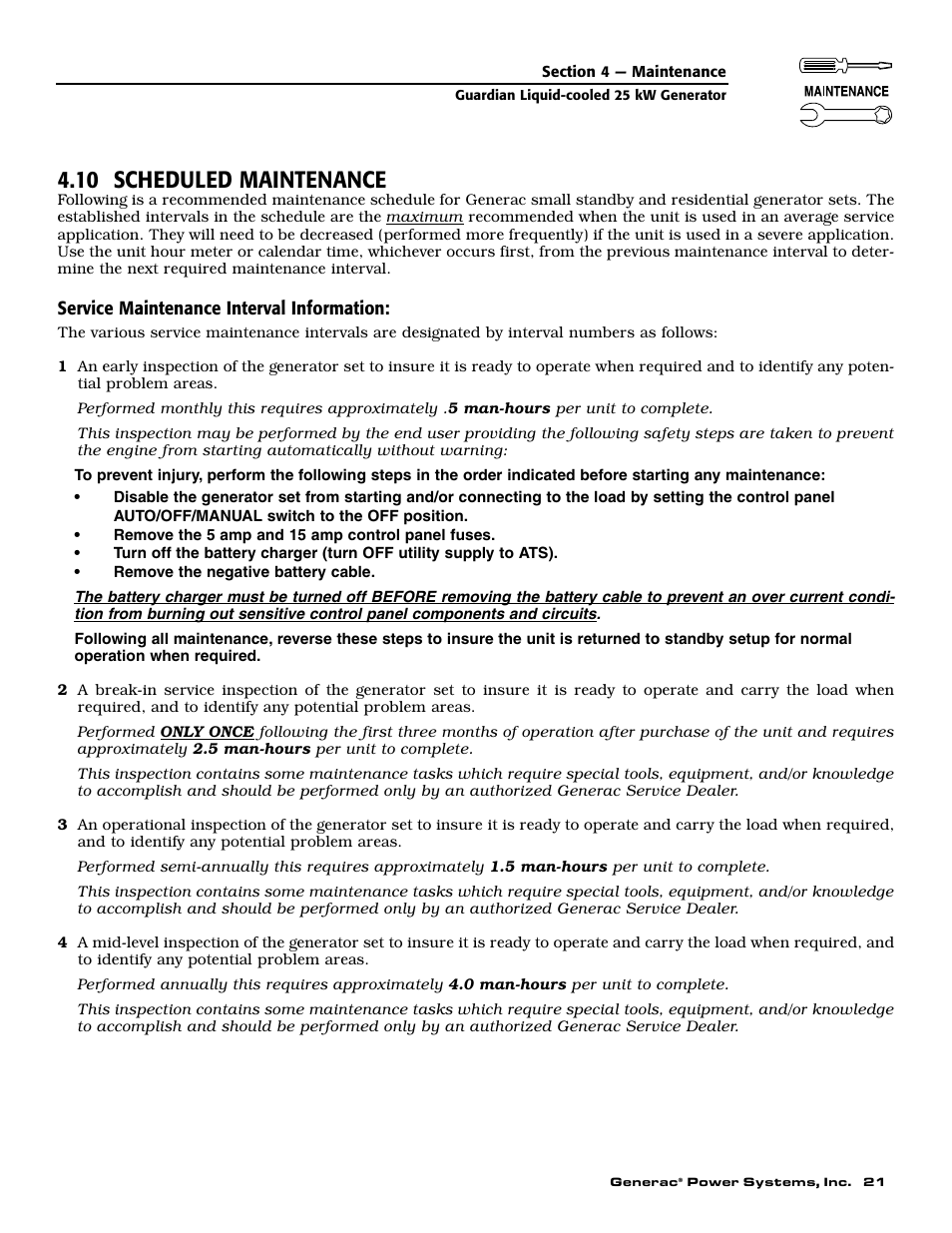 10 scheduled maintenance | Generac Power Systems GUARDIAN ELITE 005040-0 User Manual | Page 23 / 56