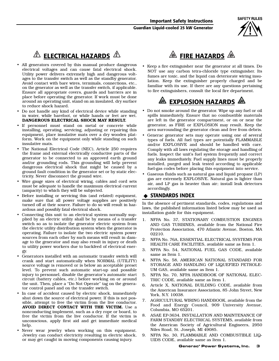 Electrical hazards, Fire hazards, Explosion hazards | Standards index | Generac Power Systems GUARDIAN ELITE 005040-0 User Manual | Page 5 / 56