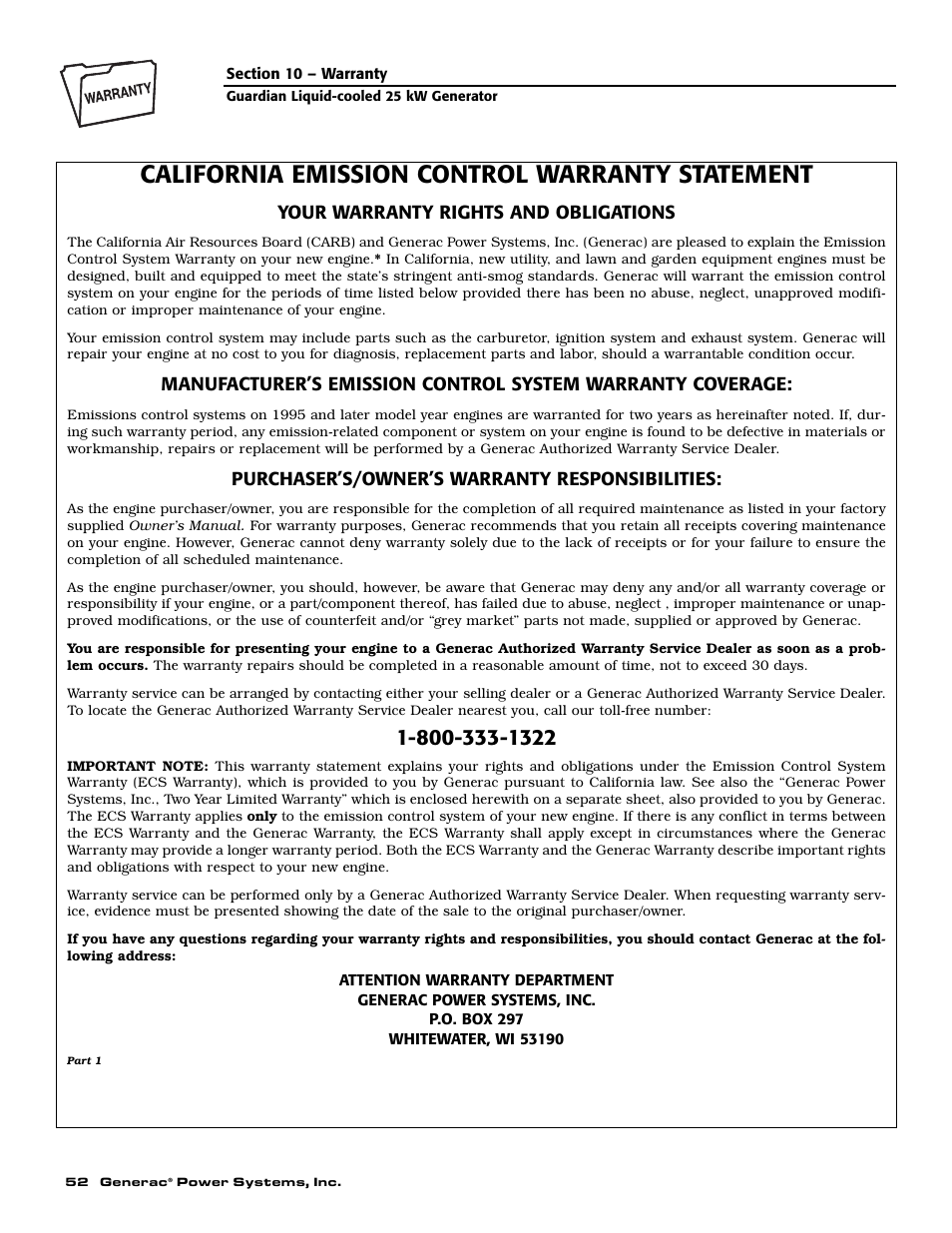 California emission control warranty statement | Generac Power Systems GUARDIAN ELITE 005040-0 User Manual | Page 54 / 56