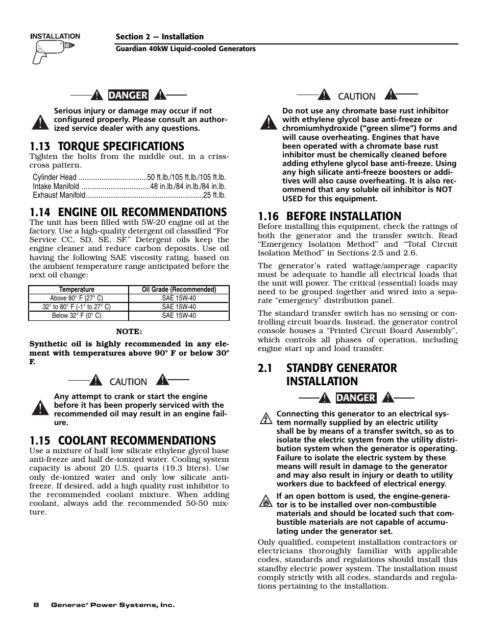 13 torque specifications, 14 engine oil recommendations, 15 coolant recommendations | 16 before installation, 1 standby generator installation | Generac Power Systems 004992-0 User Manual | Page 10 / 48