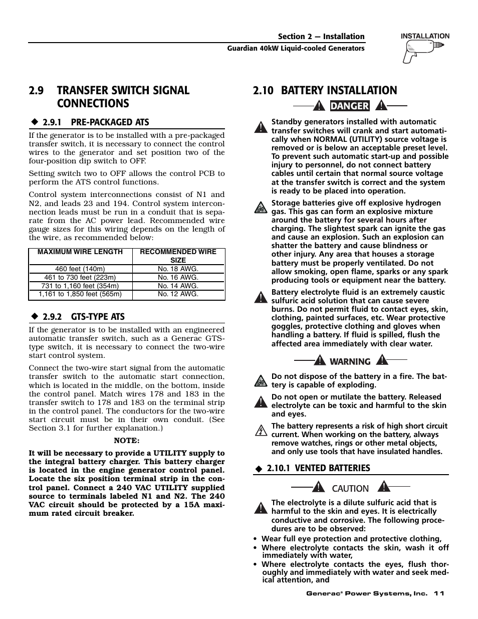 9 transfer switch signal connections, 10 battery installation | Generac Power Systems 004992-0 User Manual | Page 13 / 48