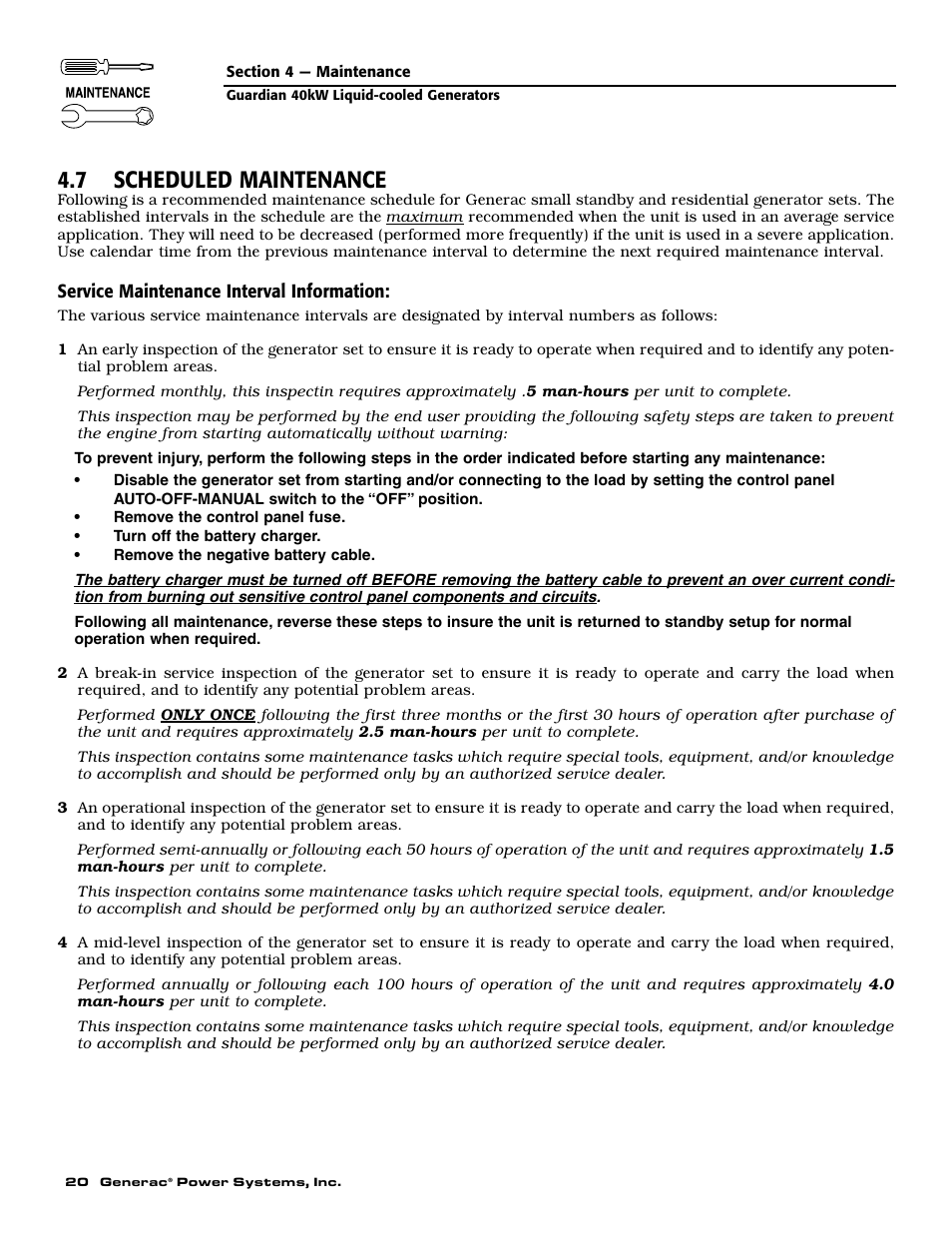 7 scheduled maintenance | Generac Power Systems 004992-0 User Manual | Page 22 / 48