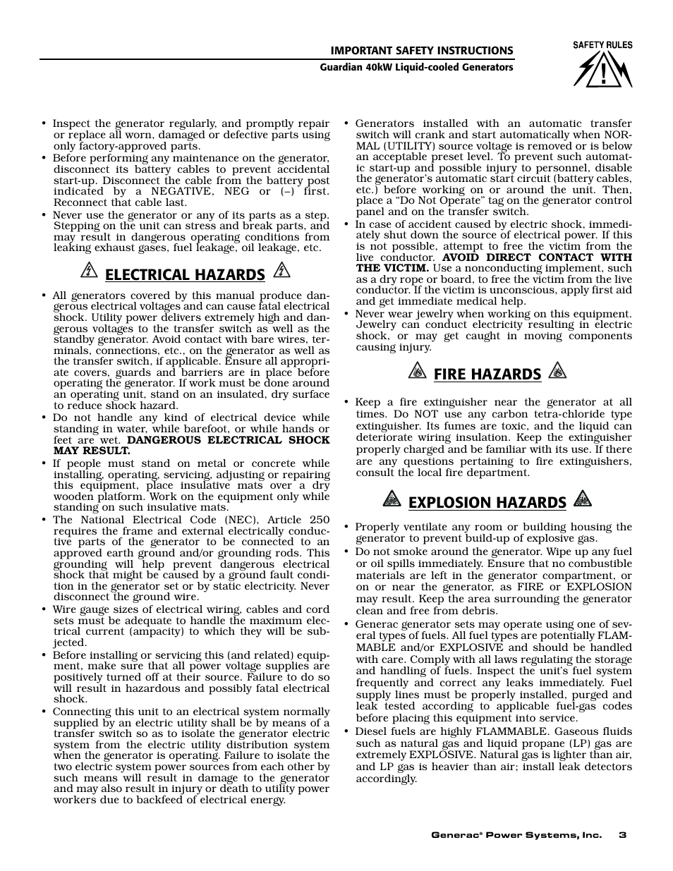 Electrical hazards, Fire hazards, Explosion hazards | Generac Power Systems 004992-0 User Manual | Page 5 / 48