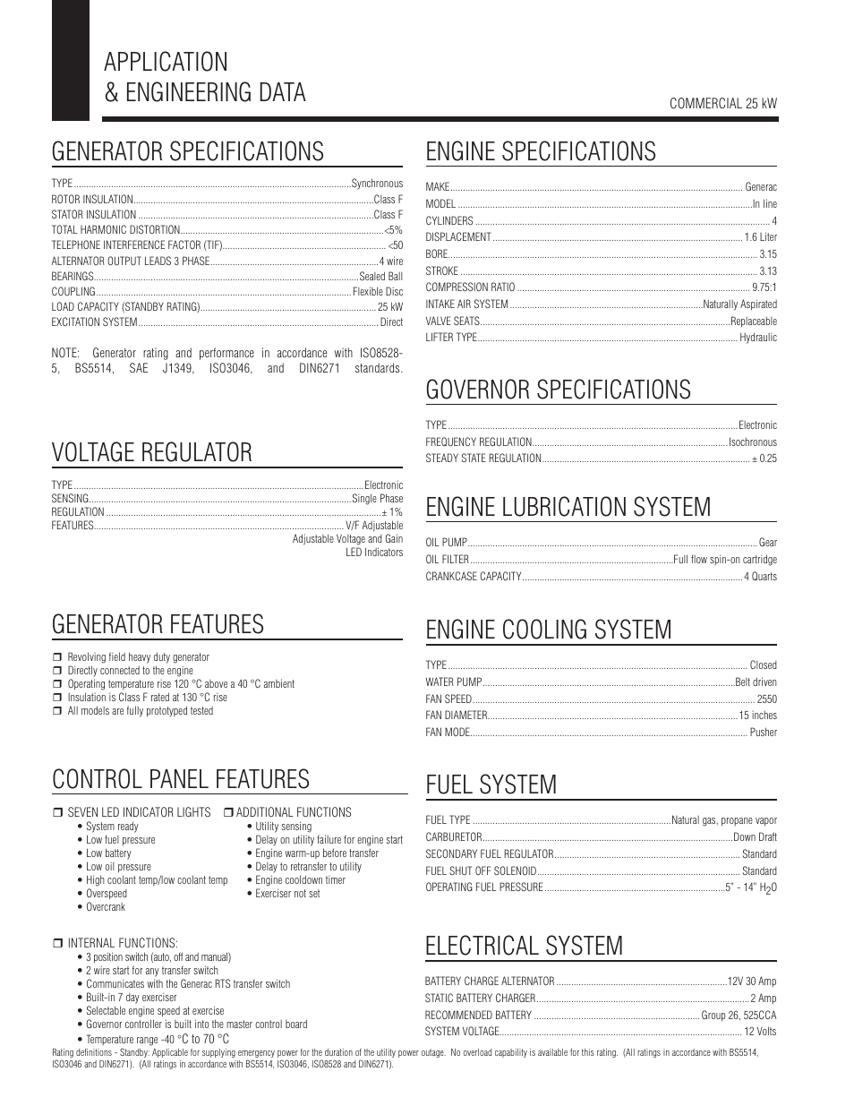 Application & engineering data, Generator specifications, Generator features | Voltage regulator, Control panel features, Engine specifications, Governor specifications, Engine lubrication system, Engine cooling system, Fuel system | Generac Power Systems QT02516 User Manual | Page 2 / 4