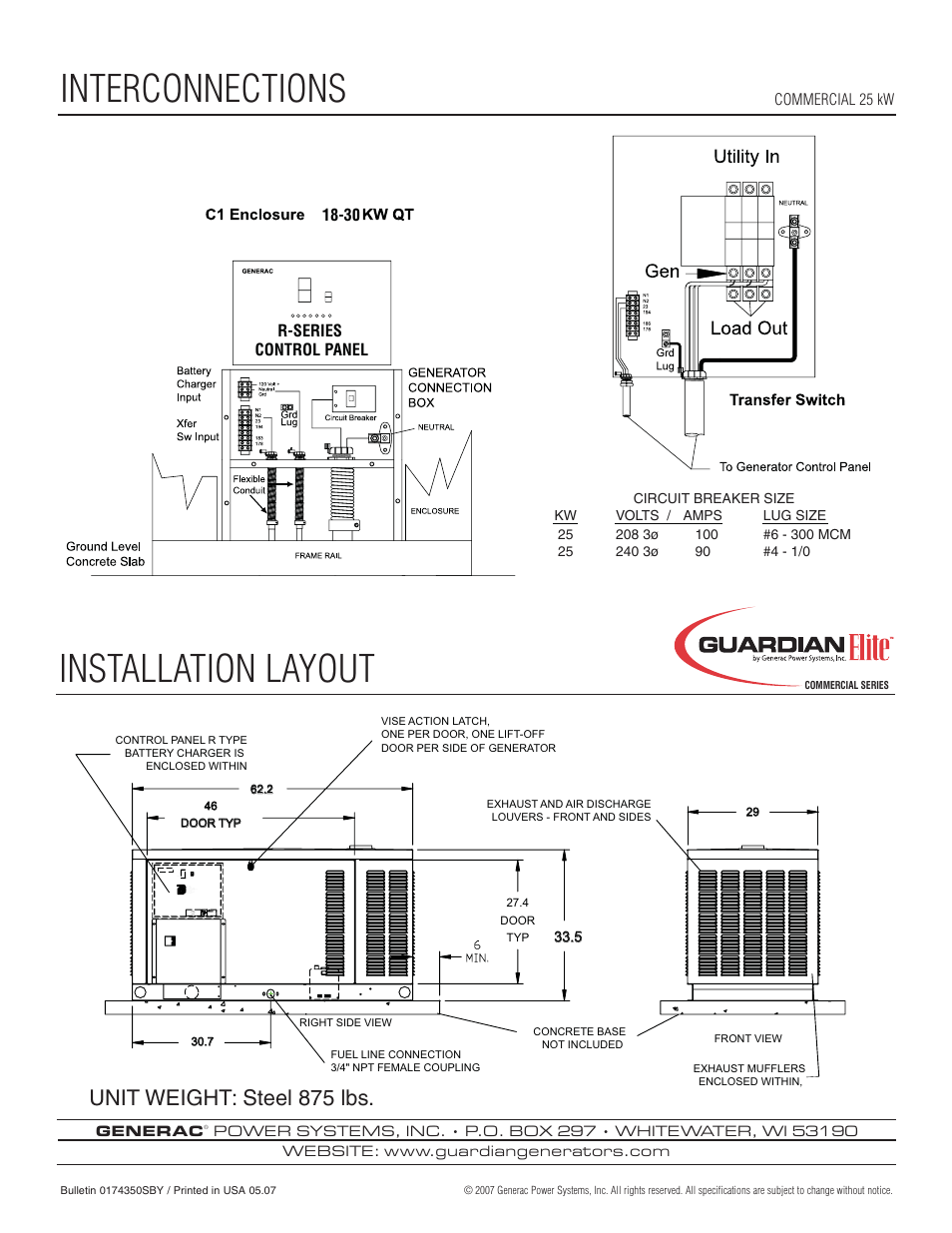 Interconnections installation layout, Unit weight: steel 875 lbs | Generac Power Systems QT02516 User Manual | Page 4 / 4