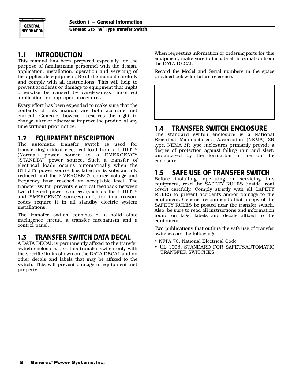 1 introduction, 2 equipment description, 3 transfer switch data decal | 4 transfer switch enclosure, 5 safe use of transfer switch | Generac Power Systems 04635-0 User Manual | Page 4 / 16