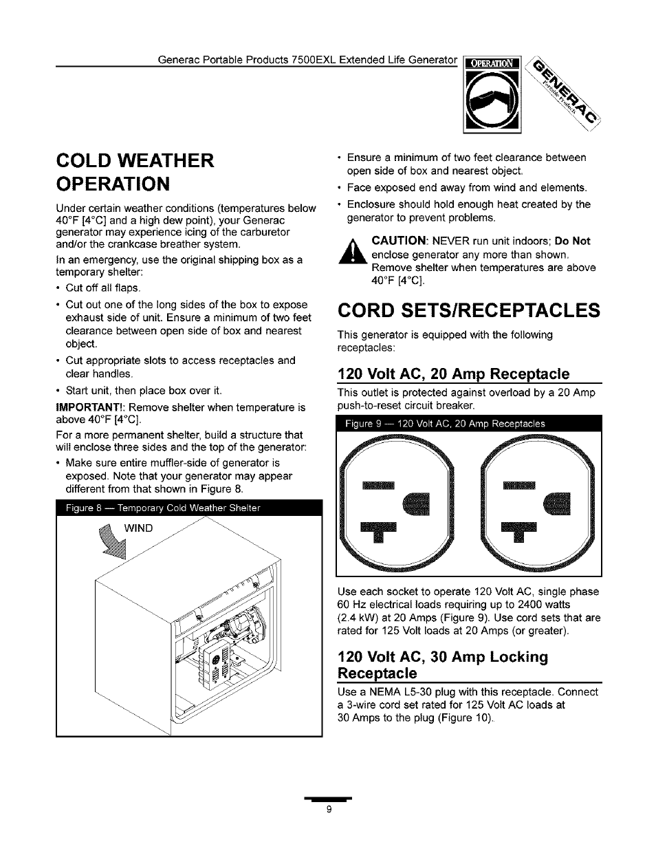 Cold weather operation, Cord sets/receptacles | Generac 7500 User Manual | Page 9 / 20