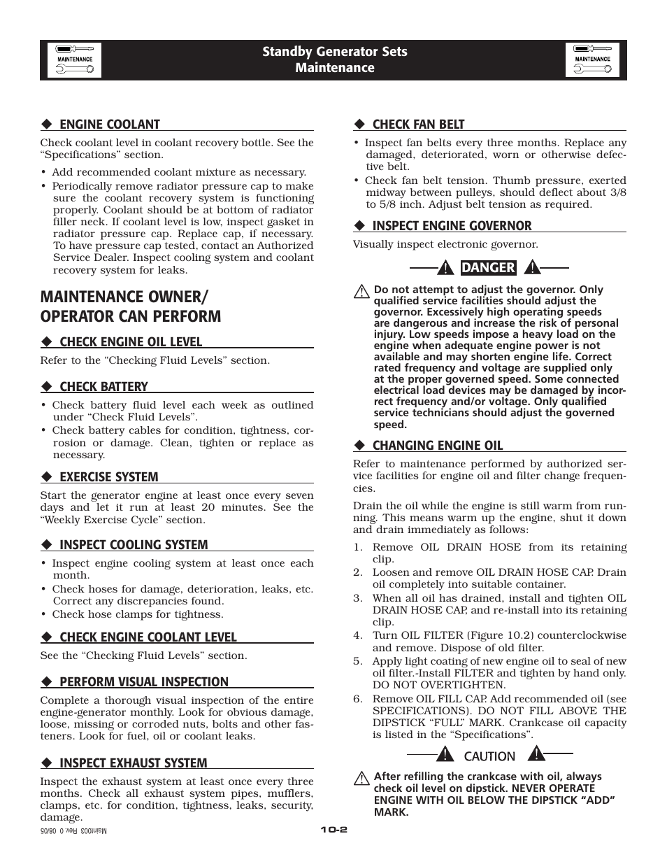Maintenance owner/ operator can perform | Generac QT 5.4L User Manual | Page 18 / 76