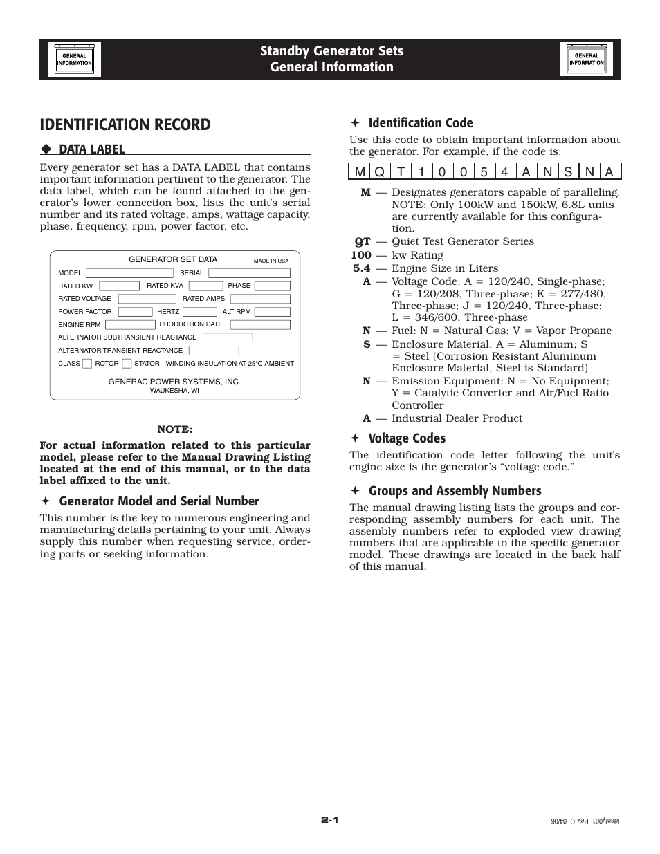 Identification record, Data label, Generator model and serial number | Identification code, Voltage codes, Groups and assembly numbers, Standby generator sets general information | Generac QT 5.4L User Manual | Page 6 / 76