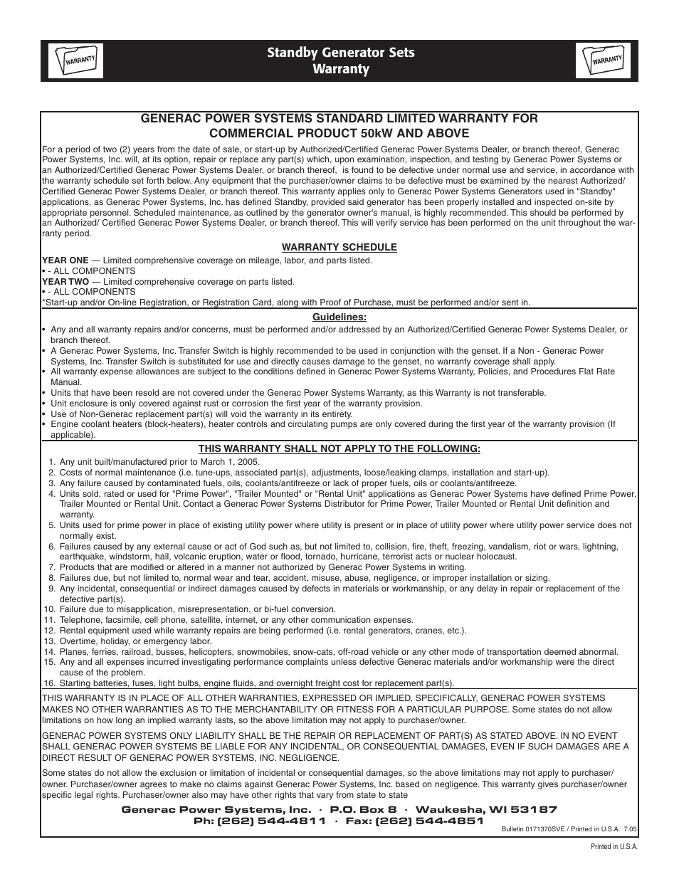 Standby generator sets warranty | Generac QT 5.4L User Manual | Page 76 / 76