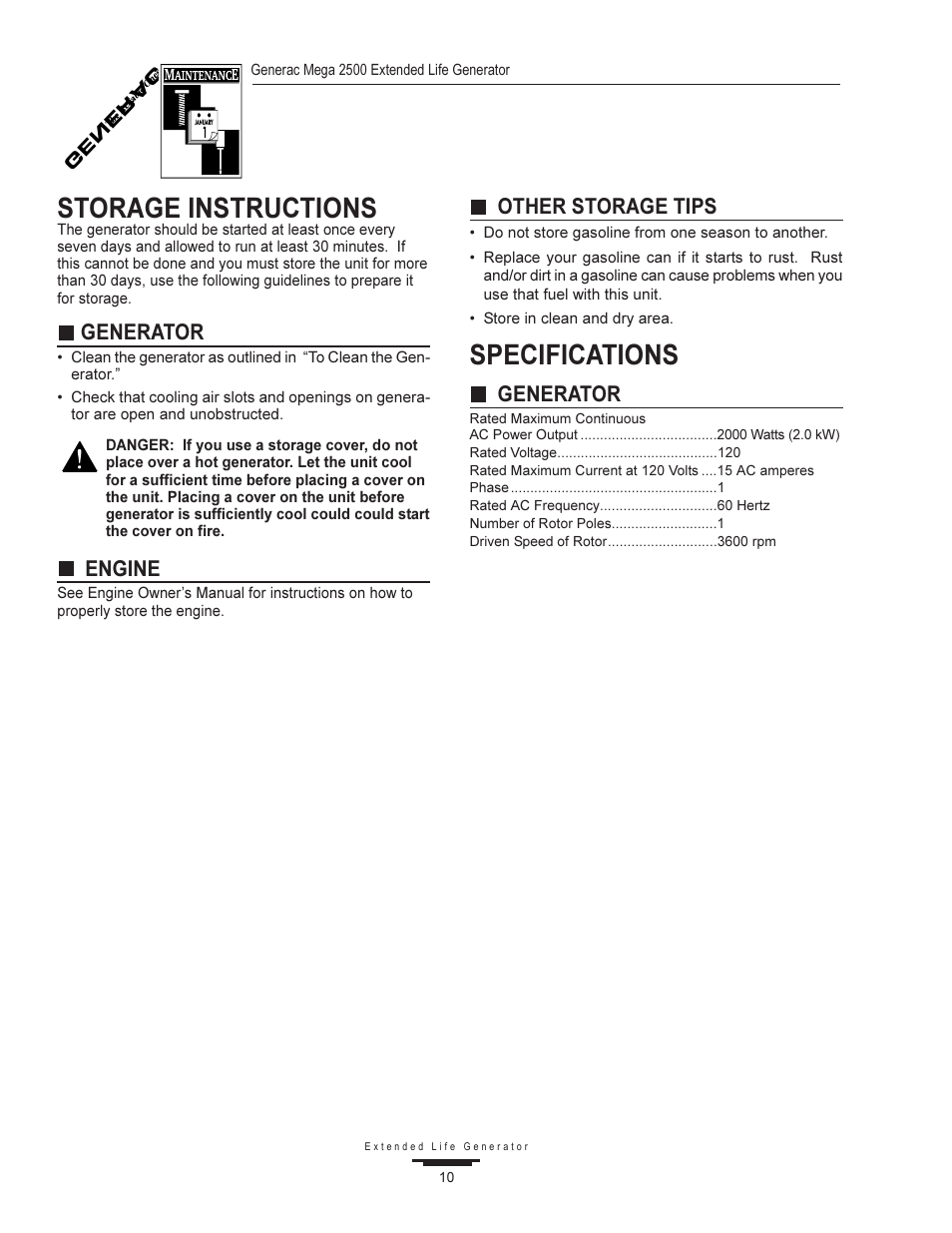 Storage instructions, Specifications, Generator | Engine, Other storage tips | Generac MEGA 2500 User Manual | Page 10 / 16