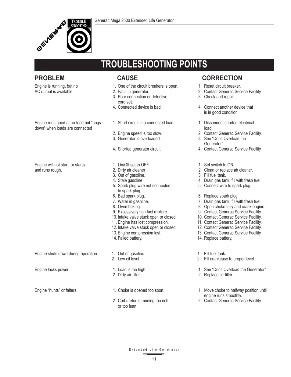 Troubleshooting points, Problem cause correction, Gener a c | Generac MEGA 2500 User Manual | Page 11 / 16