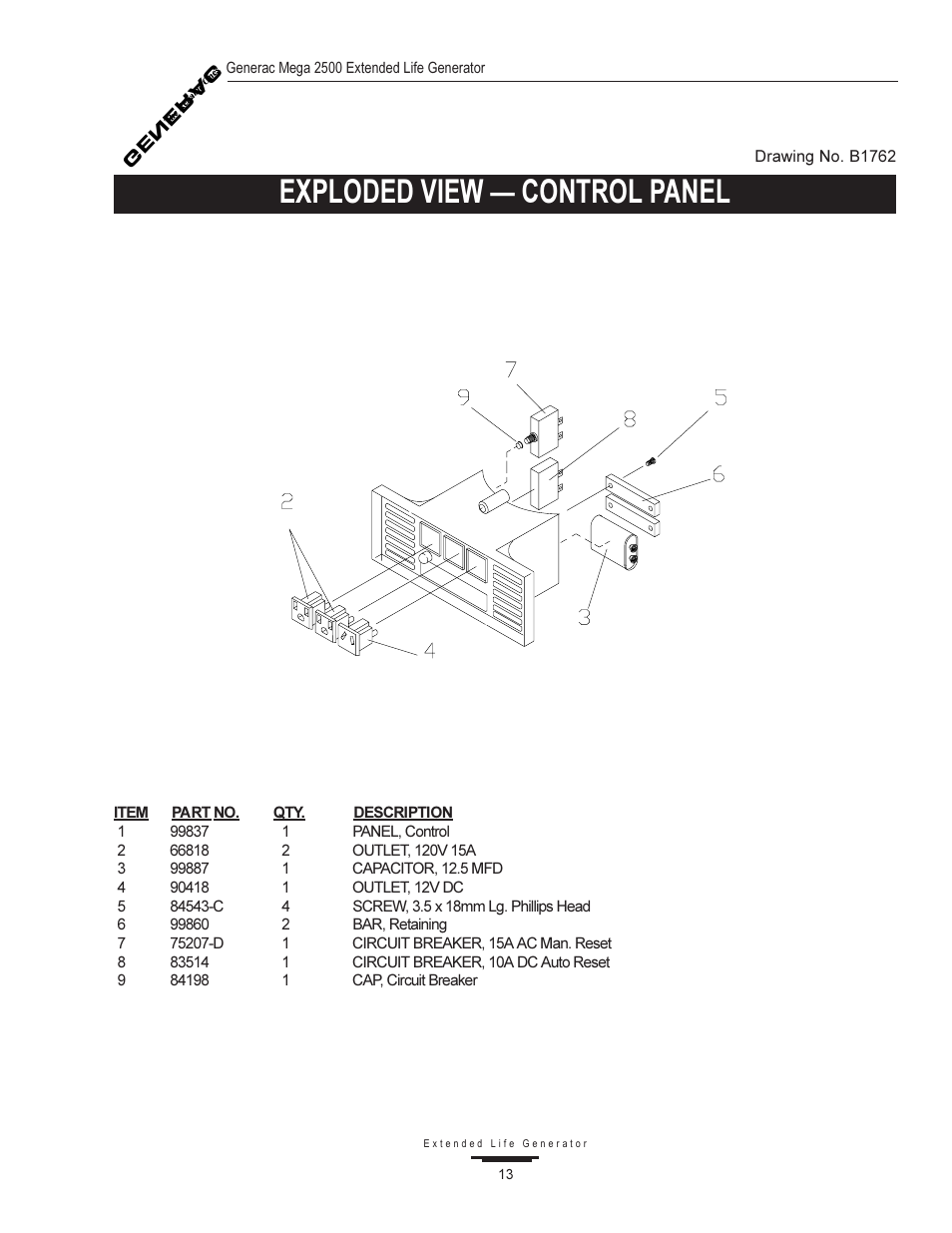 Exploded view  control panel | Generac MEGA 2500 User Manual | Page 13 / 16