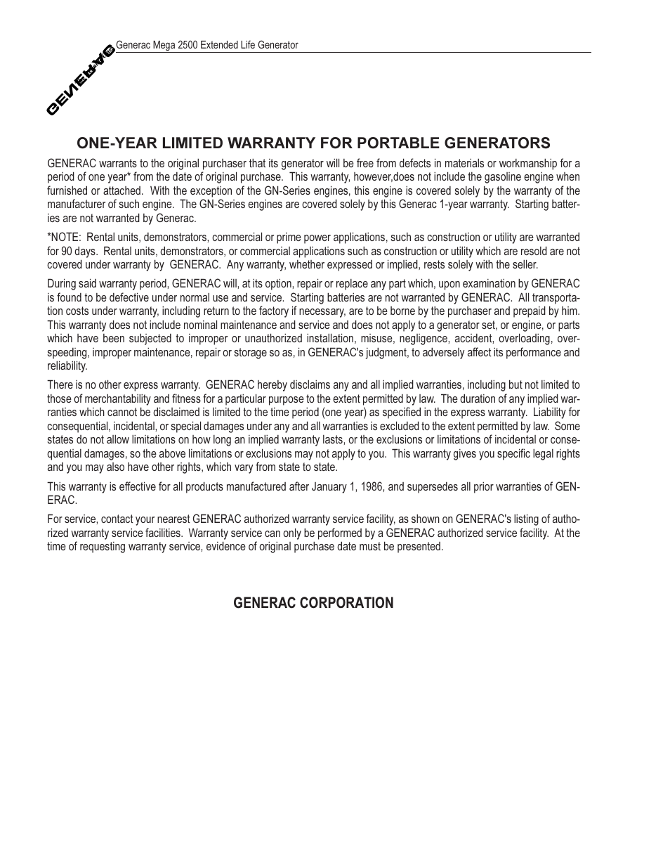 One-year limited warranty for portable generators, Generac corporation | Generac MEGA 2500 User Manual | Page 16 / 16