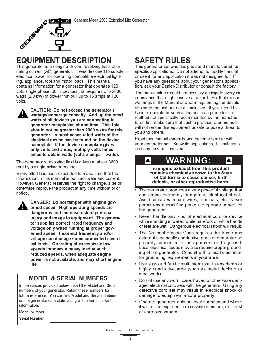 Wwa ar rn niin ng g, Equipment description, Safety rules | Model & serial numbers | Generac MEGA 2500 User Manual | Page 2 / 16