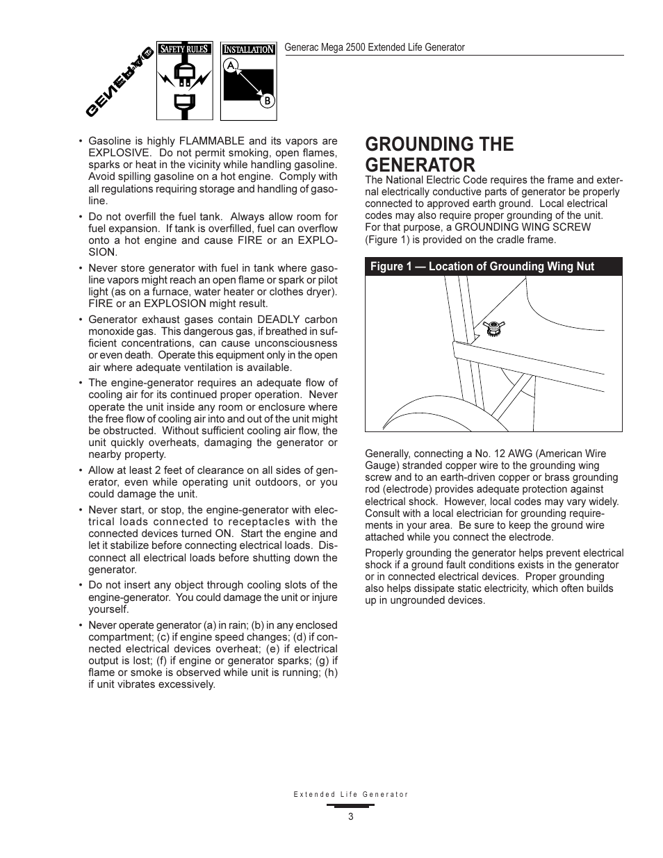 Grounding the generator, Gener a c | Generac MEGA 2500 User Manual | Page 3 / 16