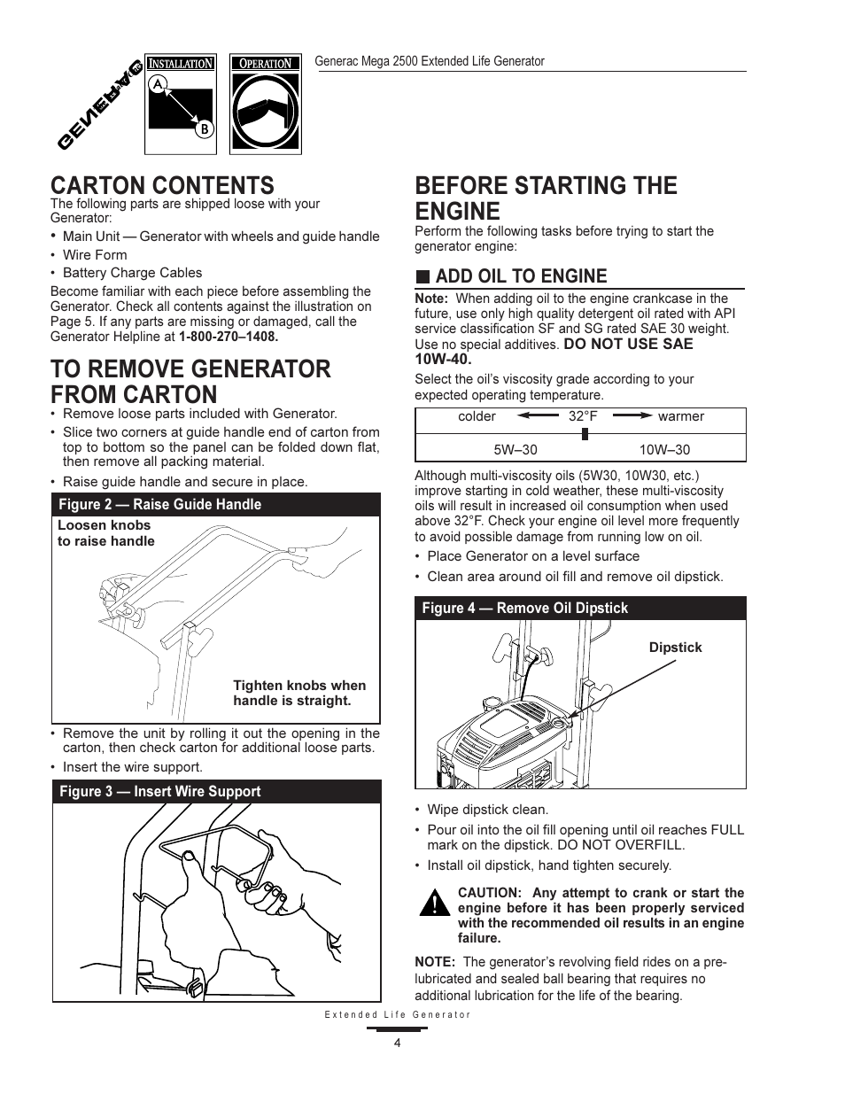 Carton contents, Before starting the engine, Add oil to engine | Generac MEGA 2500 User Manual | Page 4 / 16