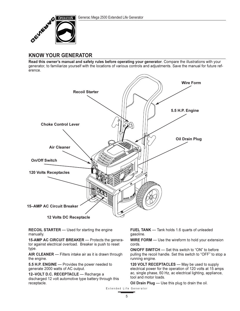 Know your generator, Gener a c | Generac MEGA 2500 User Manual | Page 5 / 16