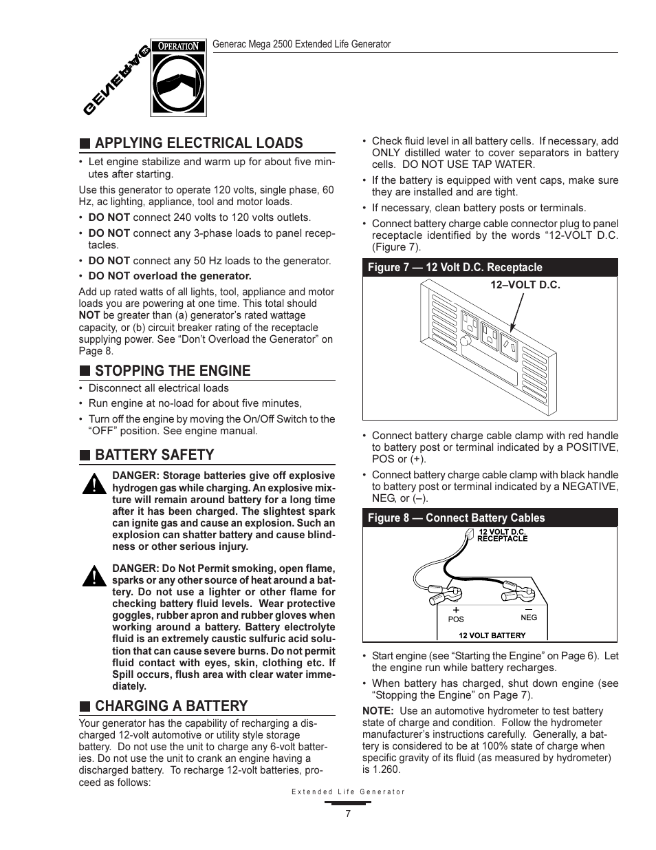 Applying electrical loads, Stopping the engine, Battery safety | Charging a battery, Gener a c | Generac MEGA 2500 User Manual | Page 7 / 16