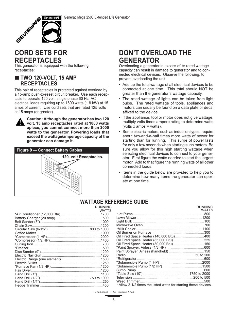 Cord sets for receptacles, Dont overload the generator, Wattage reference guide | Gener a c | Generac MEGA 2500 User Manual | Page 8 / 16