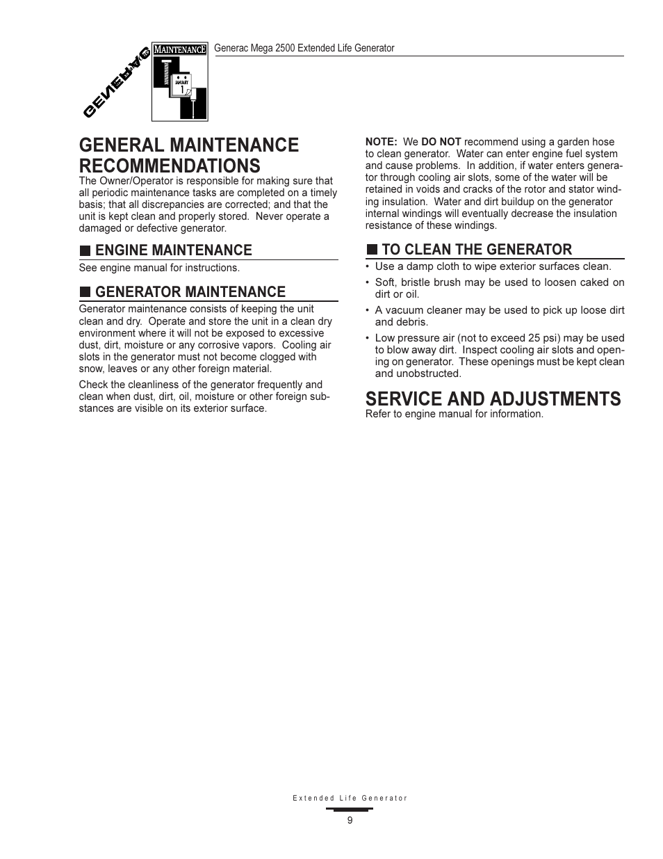 General maintenance recommendations, Service and adjustments, Engine maintenance | Generator maintenance | Generac MEGA 2500 User Manual | Page 9 / 16