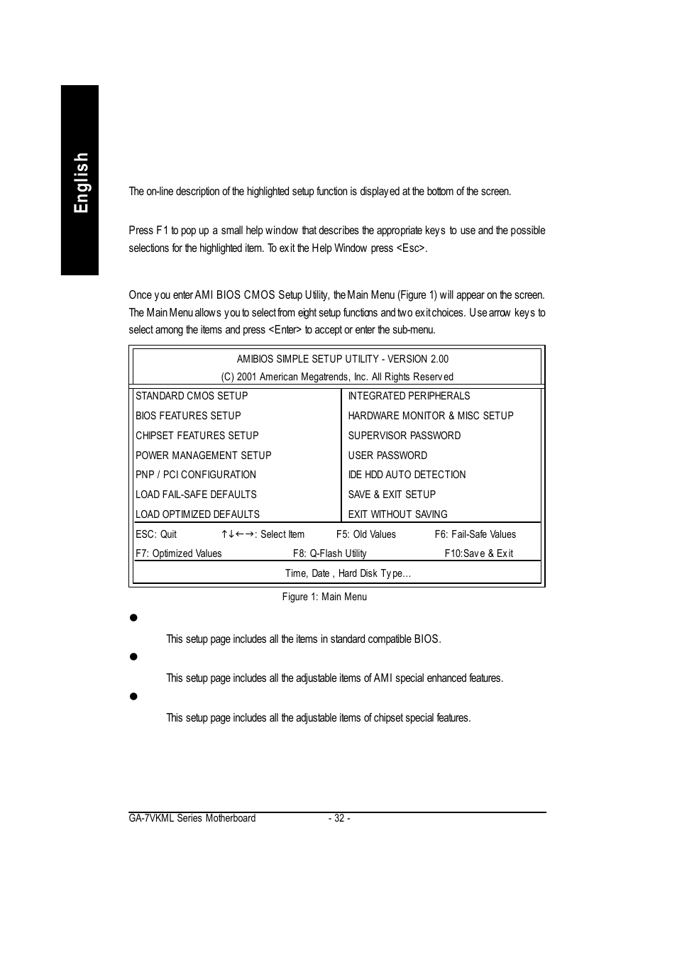 English, The main menu (for example: bios ver. : f9a) | GIGABYTE GA-7vkml User Manual | Page 36 / 104