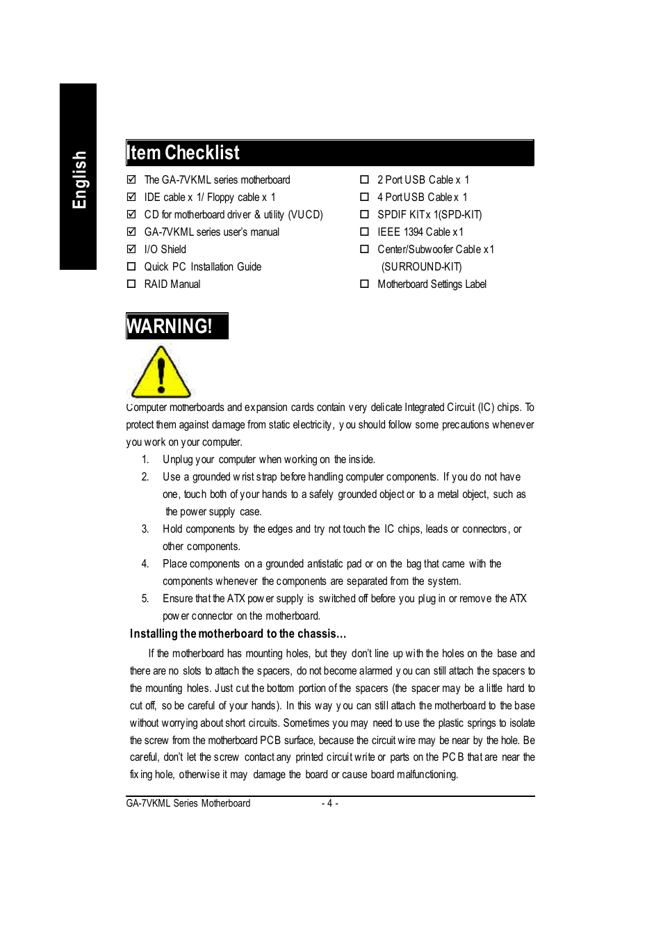 Item checklist, Warning, English | GIGABYTE GA-7vkml User Manual | Page 8 / 104