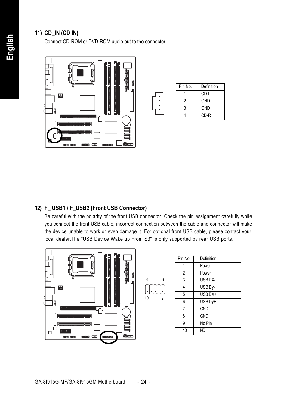 English, 11) cd_in (cd in), 12) f_ usb1 / f_usb2 (front usb connector) | GIGABYTE GA-8I915G-MF User Manual | Page 24 / 80