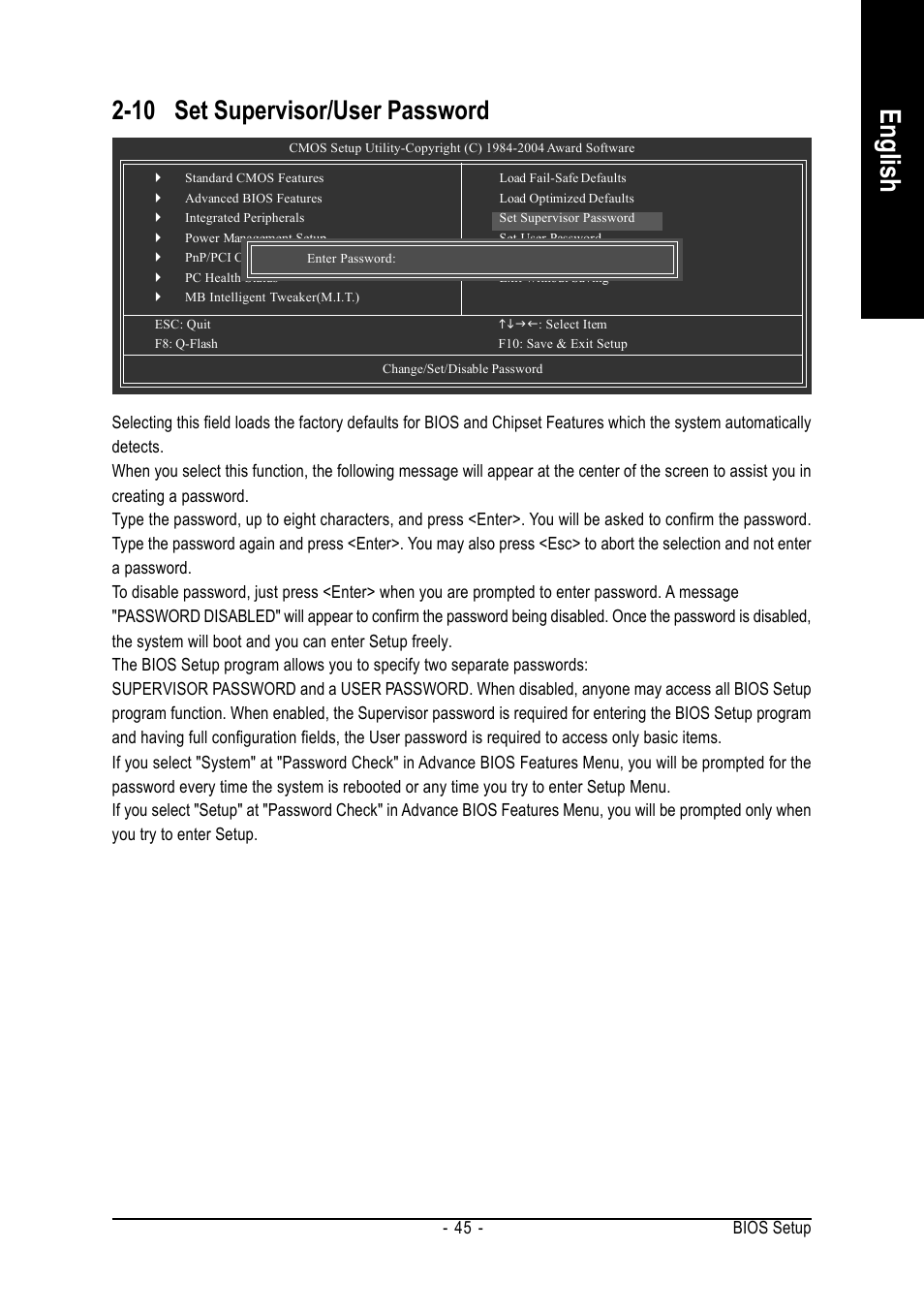 English, 10 set supervisor/user password | GIGABYTE GA-8I915G-MF User Manual | Page 45 / 80