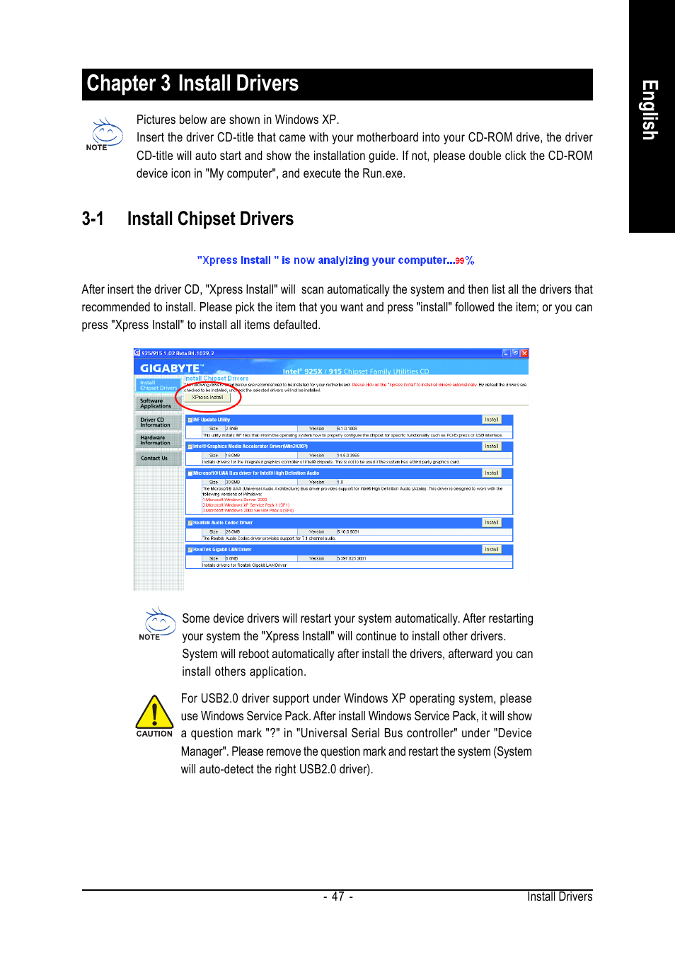 Chapter 3 install drivers, English, 1 install chipset drivers | GIGABYTE GA-8I915G-MF User Manual | Page 47 / 80