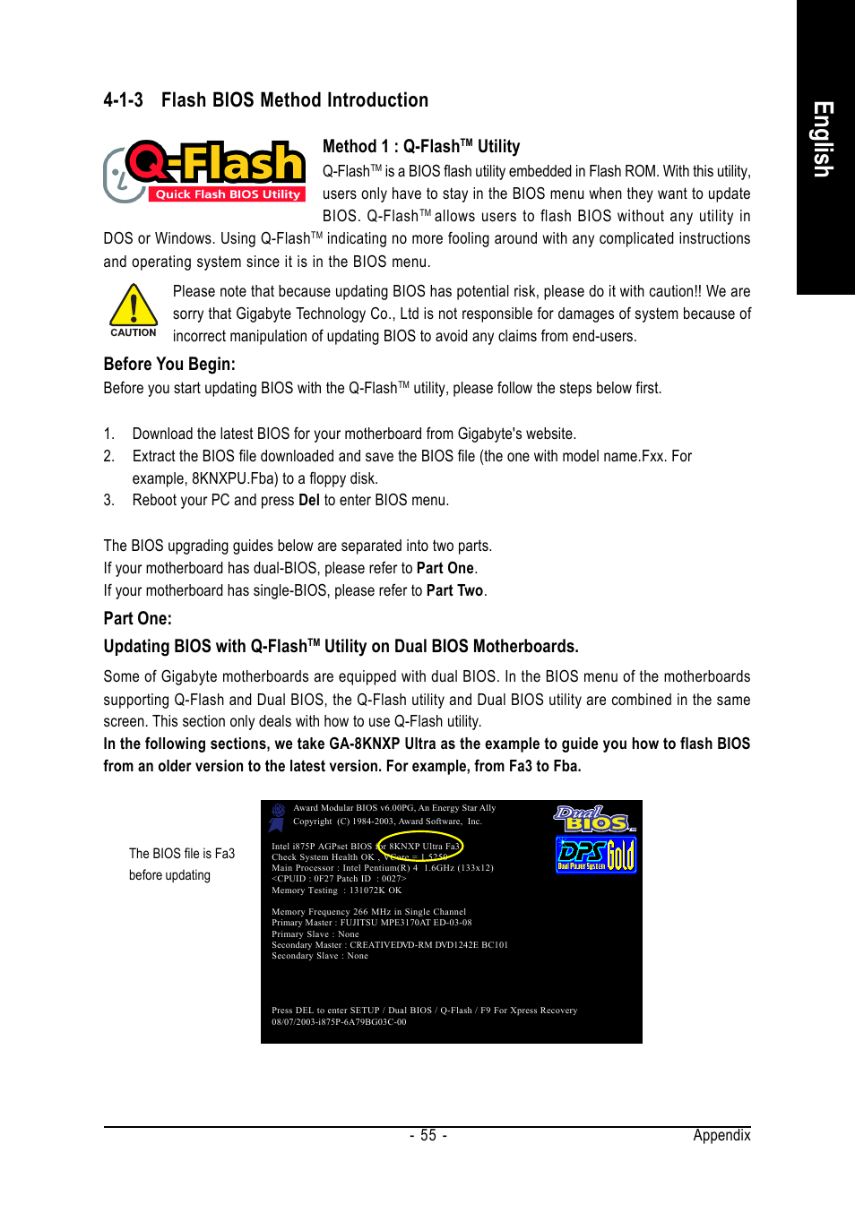 English, 1-3 flash bios method introduction, Method 1 : q-flash | Utility, Before you begin, Part one: updating bios with q-flash, Utility on dual bios motherboards | GIGABYTE GA-8I915G-MF User Manual | Page 55 / 80