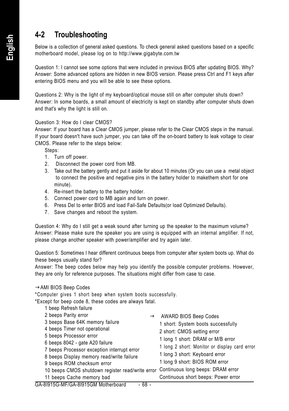 English, 2 troubleshooting | GIGABYTE GA-8I915G-MF User Manual | Page 68 / 80